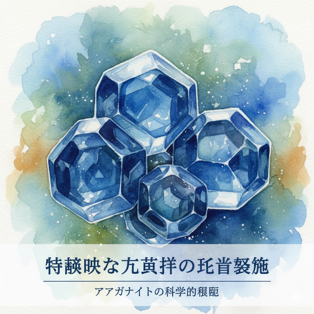 アフガナイト特有の青く輝く六角形の結晶構造のクローズアップ。アフガナイトの偽物を見分けるための科学的根拠を、モネ風の神秘的なアートで表現。