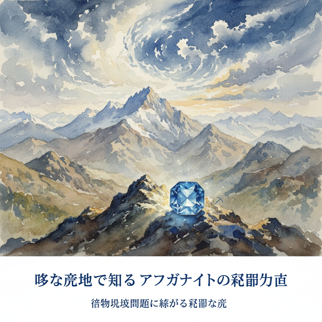 アフガニスタンの険しい山脈で発見された一つの輝くアフガナイト。その希少な産地がアフガナイトの偽物問題に繋がることを示唆する壮大な水彩画。