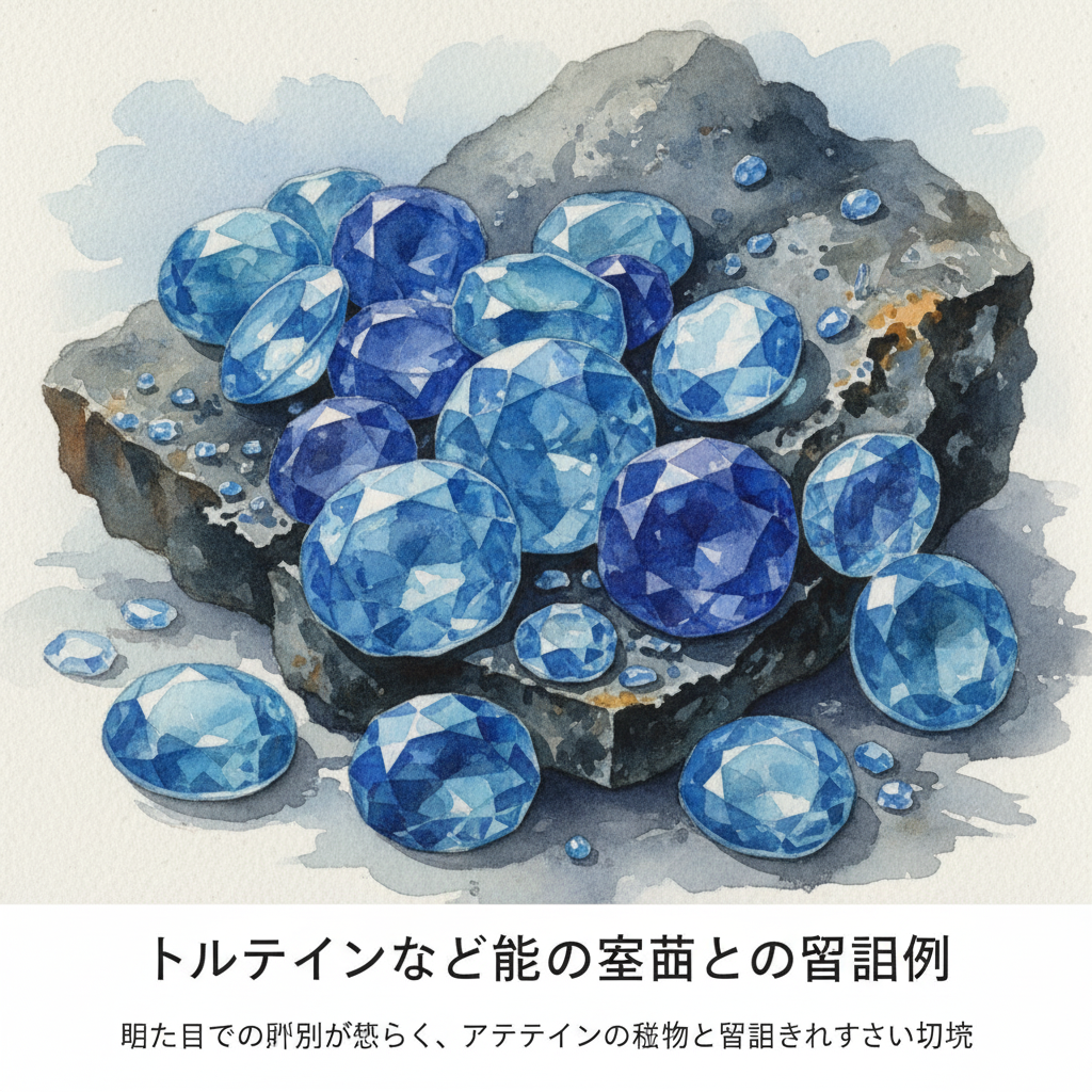 アフガナイトやトルマリンなど、青系の類似石が混在する様子。見た目での判別が難しく、アフガナイトの偽物と誤認されやすい状況を描いたイラスト。