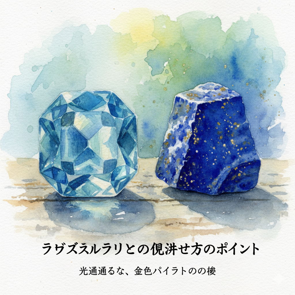 光を通す半透明のアフガナイトと、金色のパイライトが混じる不透明なラピスラズリの比較。アフガナイトの偽物を見分けるポイントを絵画で表現。