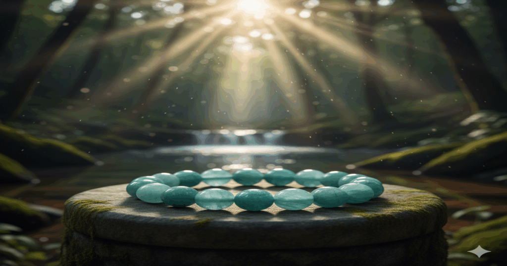 「希望の石」アマゾナイトで作られたパワーストーンブレスレット。心を明るくするような爽やかな青緑色の丸い珠が連なり、手元にポジティブな彩りを添えます。