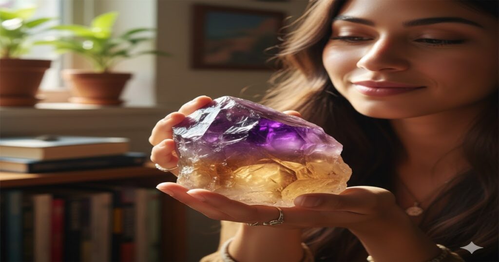 女性が窓から差し込む自然光の中で、紫と黄色のグラデーションが美しい大きなアメトリンの原石を両手で大切そうに持ち、穏やかな表情で見つめている様子。
