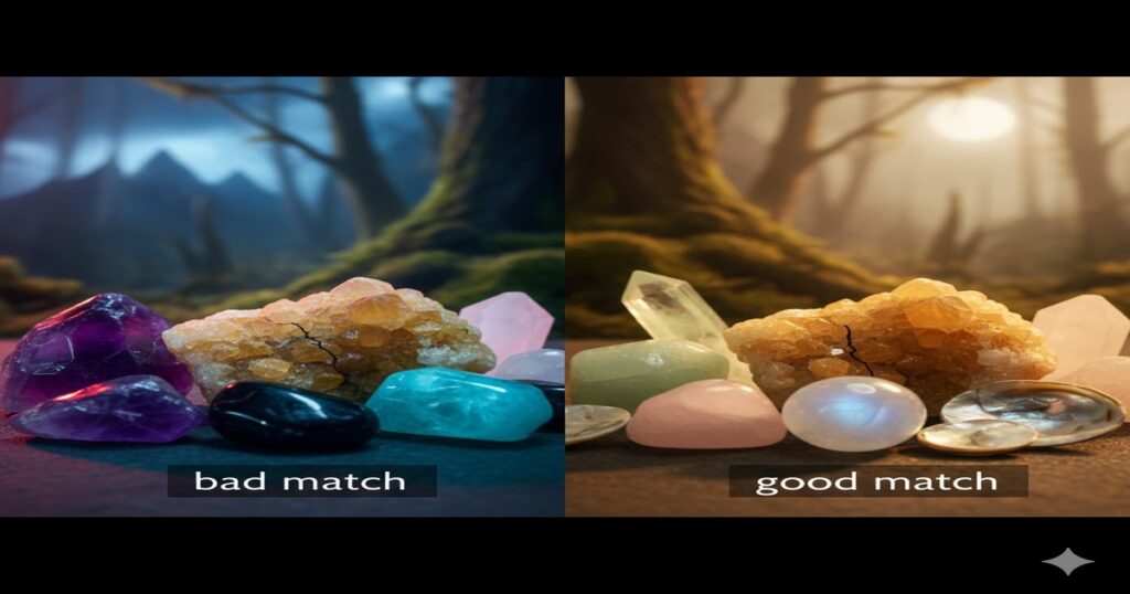 アラゴナイトと相性が悪い石、良い石の組み合わせを比較したパワーストーン画像。左はアメジスト等との悪い例、右はローズクォーツ等との良い例です。