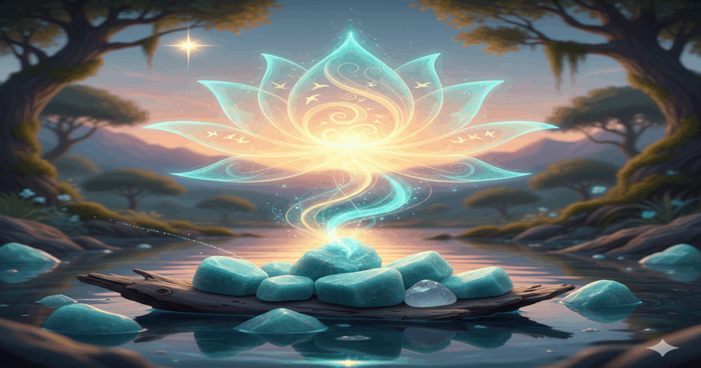 アマゾナイトシリカの効果を象徴する神秘的な風景。穏やかな水面に浮かぶ石から希望の光が蓮の花のように広がり、持ち主に癒やしと力を与える様子。