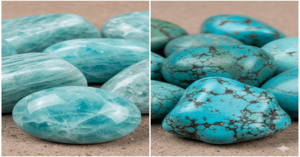 アマゾナイトとターコイズの色の違いを比較。青緑色の天然石のクローズアップ写真。