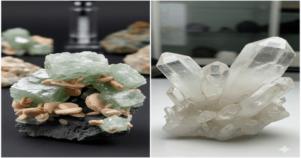 緑色のアポフィライト結晶と薄茶色のスティルバイトが共生する鉱物標本。独特の光沢と四角い形状が特徴。天然石、鉱物。