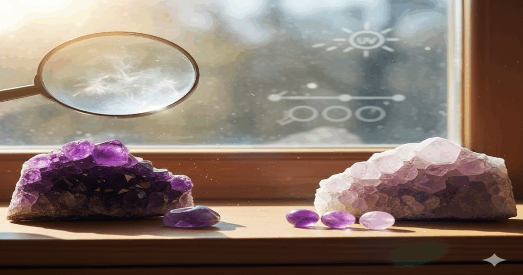 日差しが差し込む窓辺に置かれた、濃い紫と淡いラベンダー色のアメジストクラスターと丸玉。紫外線による退色を示唆し、ルーペが石の内部を拡大して見せている様子。
