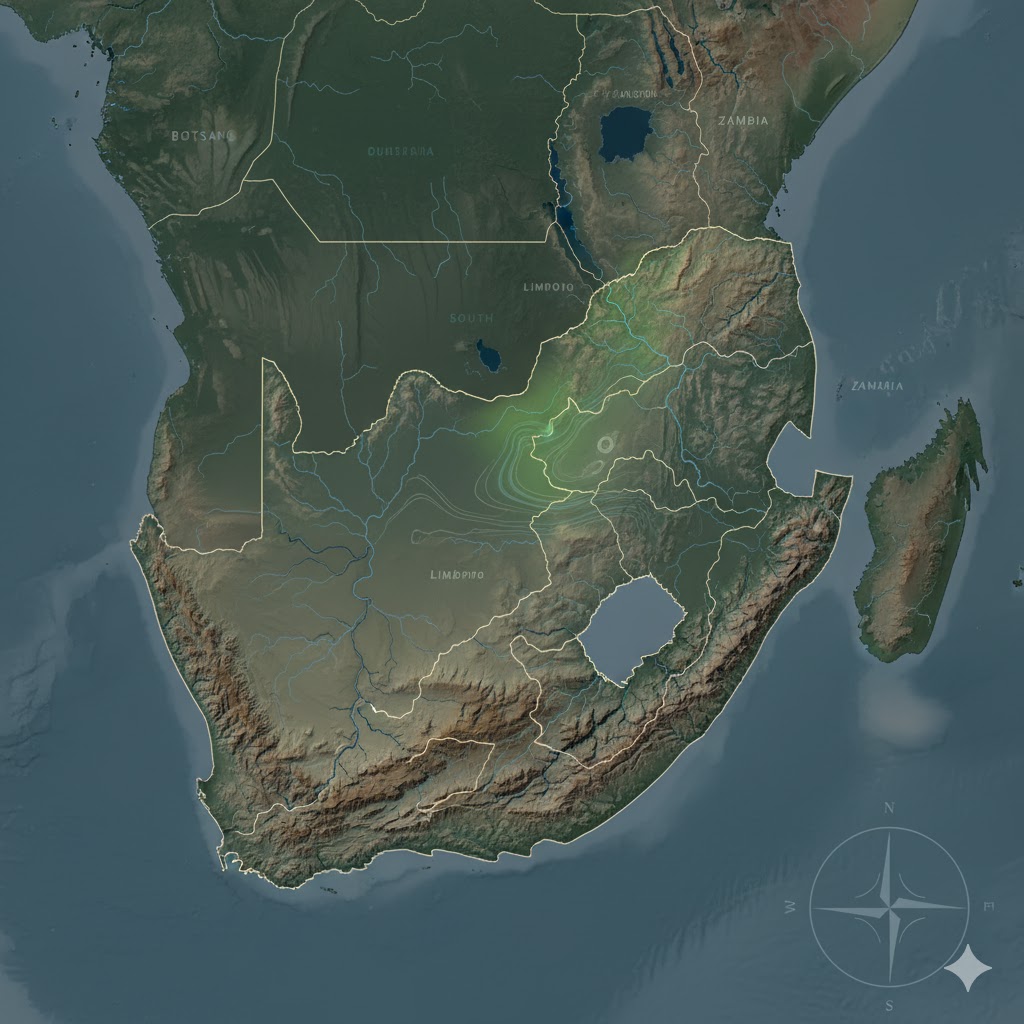 ヴァーダイトの主要産地を示す地図。南アフリカ共和国のバーバートンとジンバブエの位置関係がわかるシンプルなイラスト。