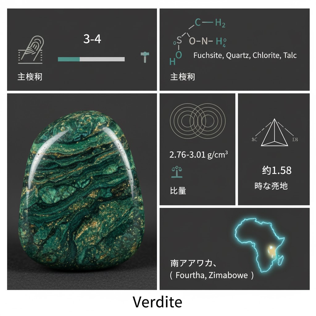 ヴァーダイトの鉱物データを示す画像。深い緑色の石の表面に見られる金色の内包物や独特の模様をクローズアップで捉えたもの。