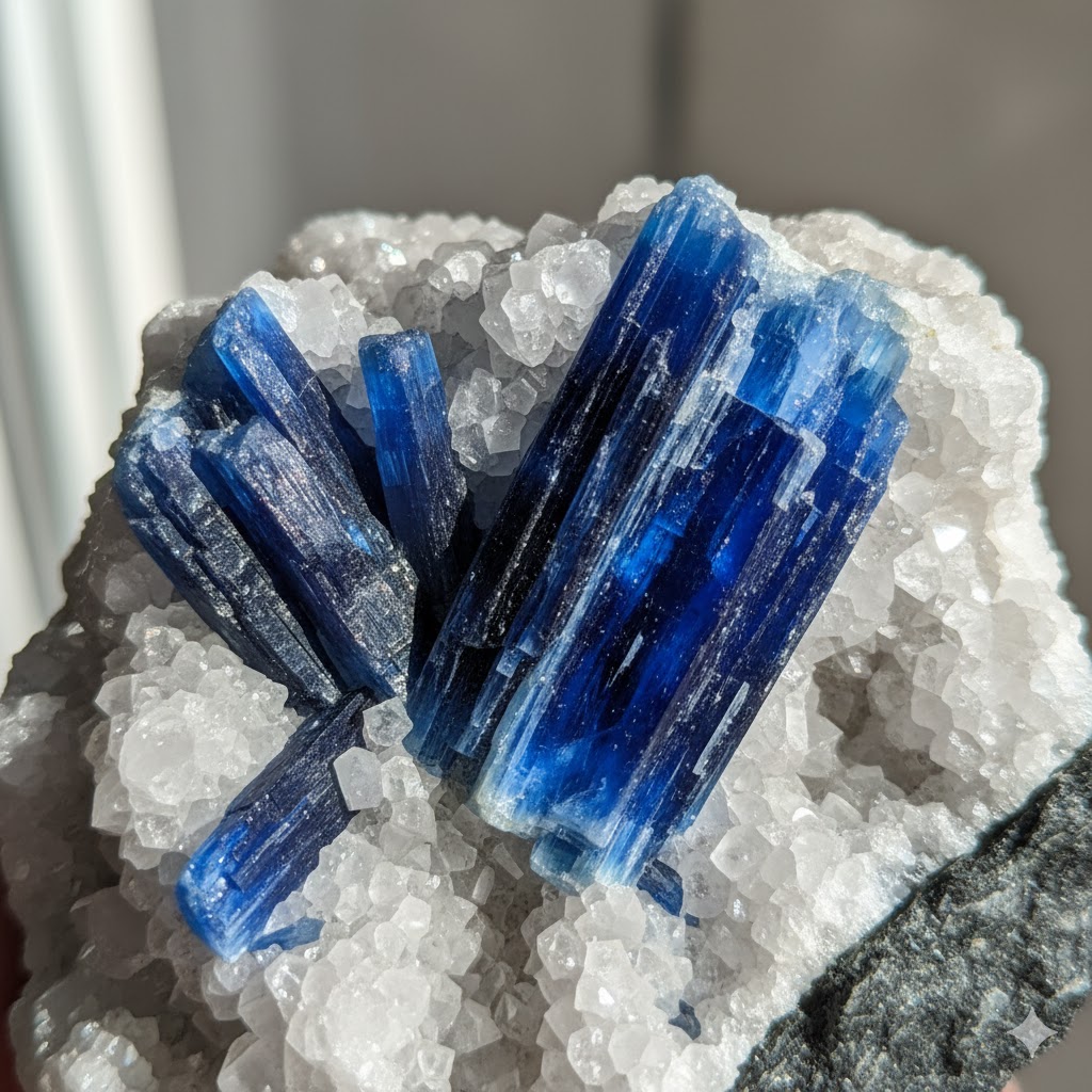 白い結晶の中から伸びる鮮やかな青色のカイヤナイトの結晶。その独特な色合いが精神的な安定を象徴する。