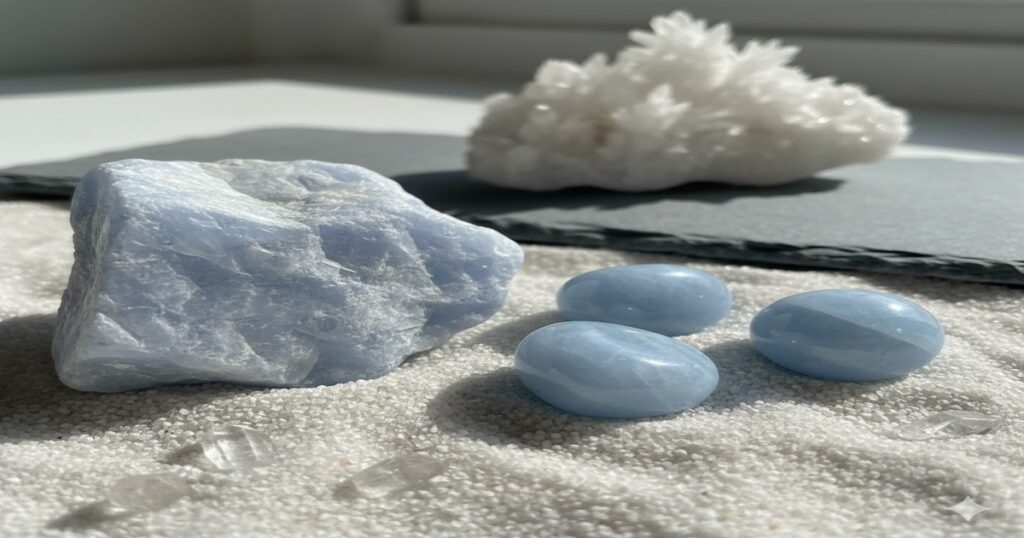 柔らかな水色のエンジェライトの原石と、つるりとしたタンブルが白い砂の上に並べられています。奥には白い結晶が置かれ、自然光が優しく降り注ぐ幻想的なパワーストーンの配置です。