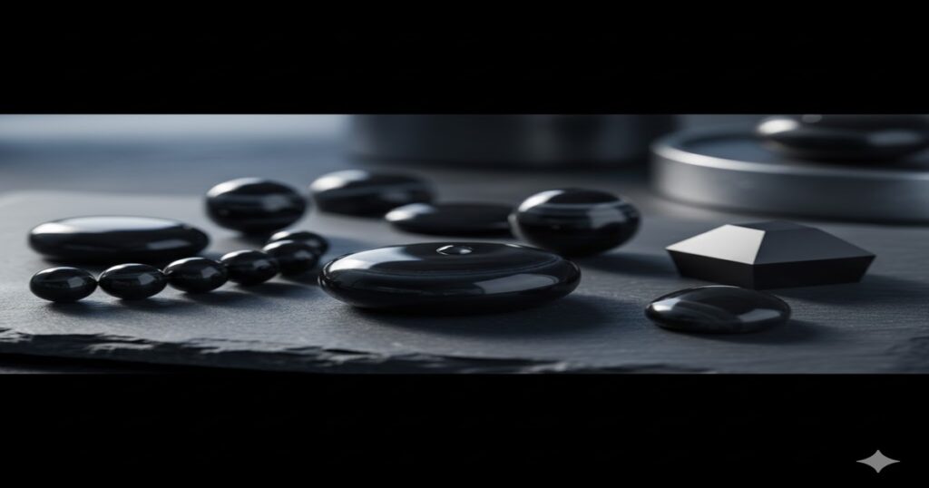 様々なカットが施された、艶やかな黒いオニキスが神秘的に輝く美しいイメージ。