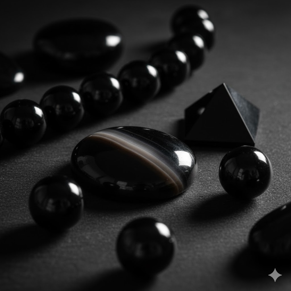 研磨された美しい漆黒のオニキス。深い黒色と艶やかな光沢が魅力的な宝石で、パワーストーンとしても人気。
