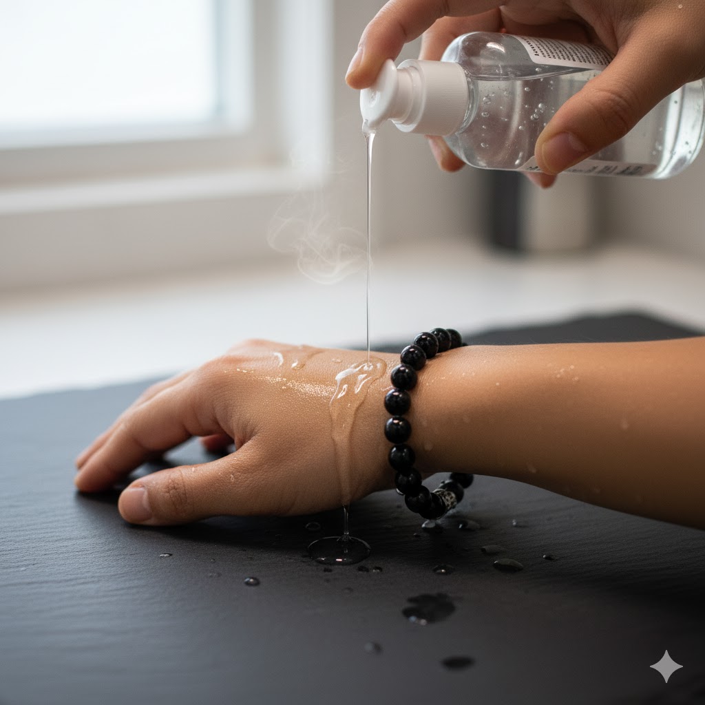 オニキスのブレスレットにアルコール消毒がかかるイメージ。多孔質な天然石は変色や色落ちの恐れあり。