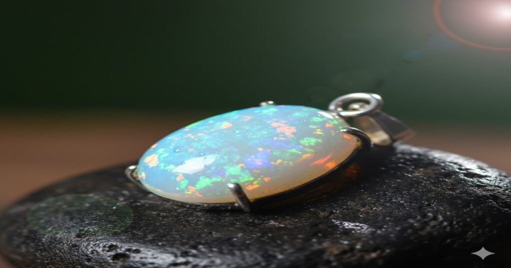 銀色のペンダントにセットされた乳白色のオパール。青や緑、オレンジの虹色の輝き（遊色効果）が美しく現れている様子。