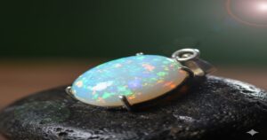 銀色のペンダントにセットされた乳白色のオパール。青や緑、オレンジの虹色の輝き(遊色効果)が美しく現れている様子。