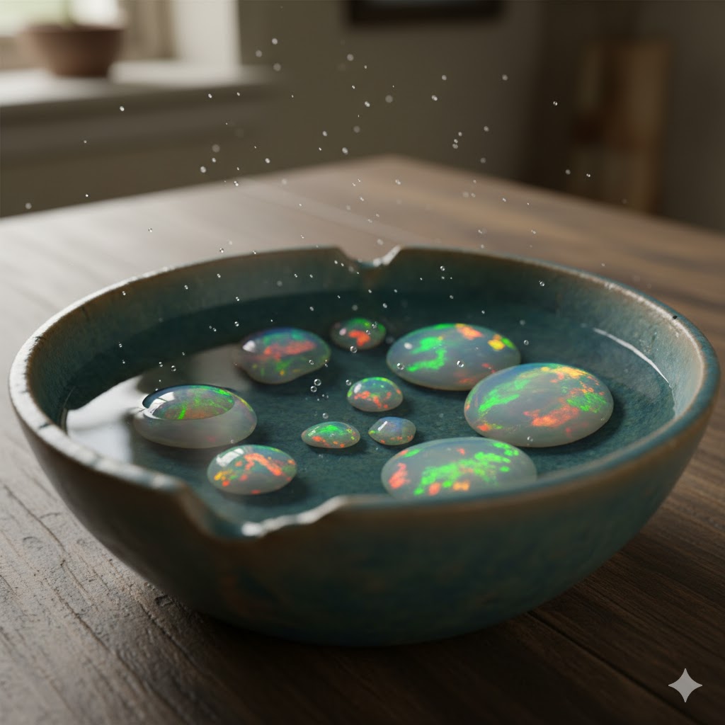 オパールを水に浸した幻想的な写真:青い陶器の器に入った水面に浮かぶ遊色効果が美しい天然オパール。