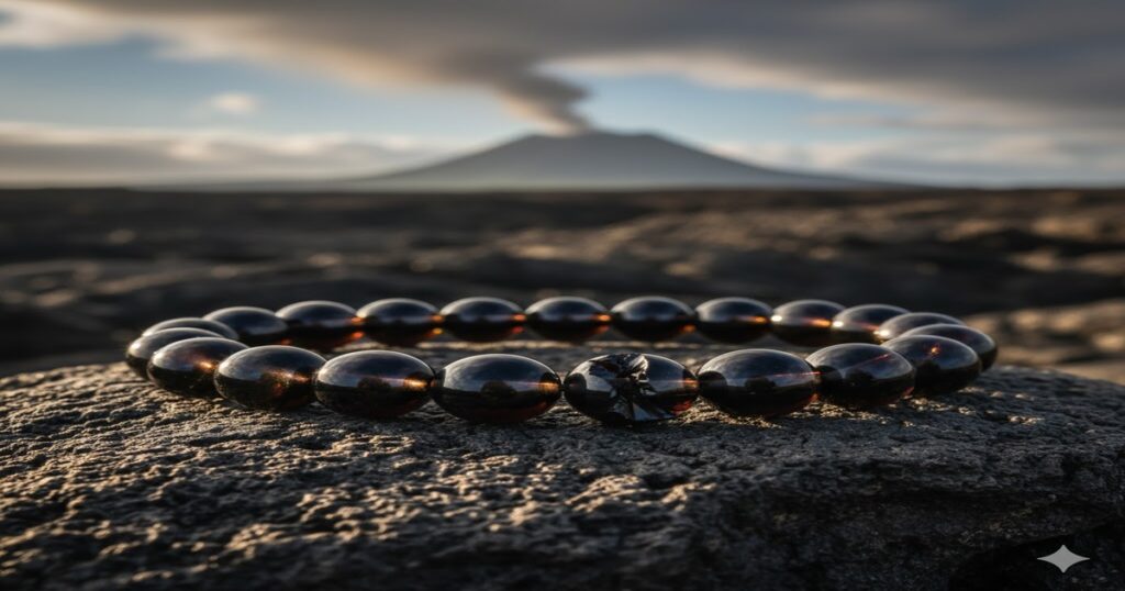 深みのある黒色のオブシディアンの丸玉を連ねたブレスレットが、木目のテーブルに置かれた様子。