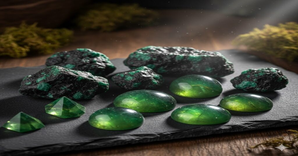 緑色が美しいオンファサイトの原石と、研磨されたルースが並べられた高画質な写真。深緑色の石が光を受けて輝いている。