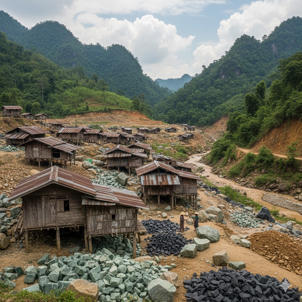 オンファサイトの産地、ミャンマーの雄大な風景。緑豊かな山々、川、霧に霞むパゴダ。