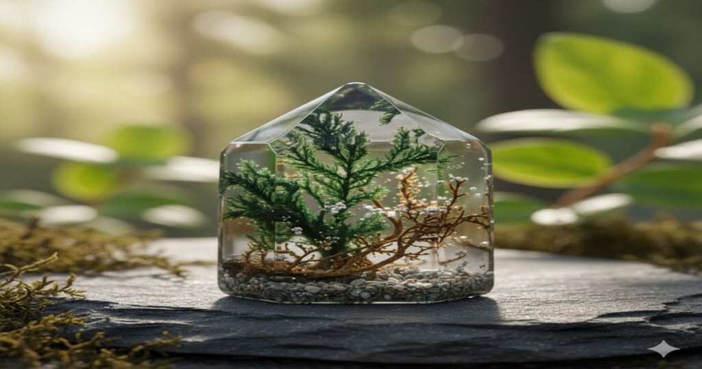 苔のような内包物が美しいガーデンクォーツのポイント。透明な水晶の中に広がる緑の庭園が神秘的で、自然の癒しと大地のエネルギーを感じさせます。背景の柔らかな光と植物が、石の持つスピリチュアルな魅力を引き立てています。