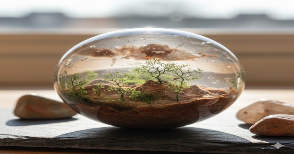 透明な水晶玉の中に緑の木々や茶色い土の層が広がるガーデンクォーツ。まるで小さな自然が閉じ込められたような神秘的な美しさ。