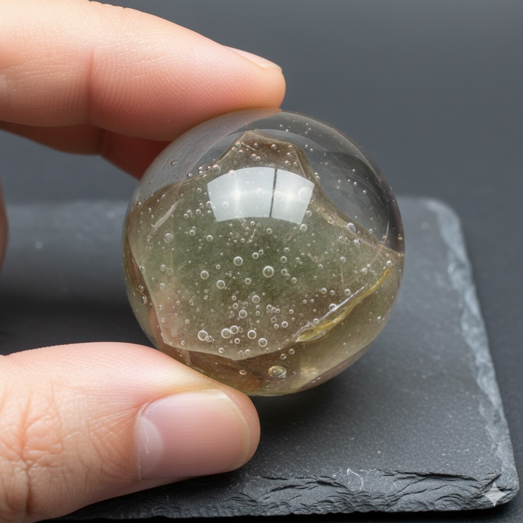 ガーデンクォーツの偽物を見分けるため、水晶内部を観察。内包物との接点に不自然な気泡や糊の痕跡がないかチェックする。