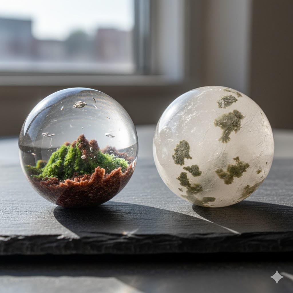 高品質なガーデンクォーツ。水晶の透明度が高く、内包物が下半分に集まる美しいバランスが特徴。価値を見極める際のポイント。