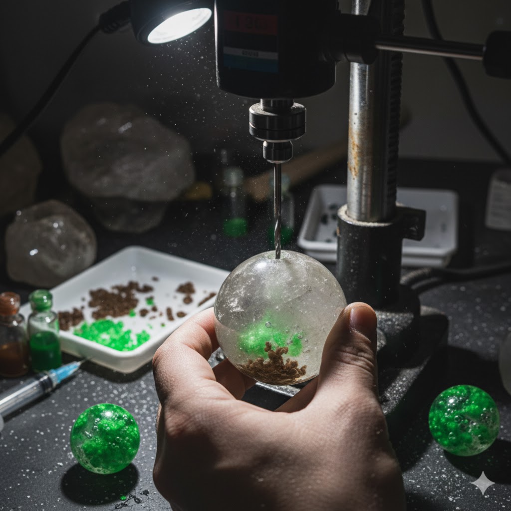 ガーデンクォーツの偽物加工手口。ドリルで水晶に穴を開け、緑色の染料や別の鉱物を充填している作業風景。