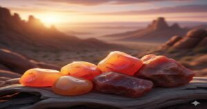 夕日の渓谷を背景に、流木の上に置かれたカーネリアンのタンブルと原石。スピリチュアルなエネルギーを象徴する、温かく輝くパワーストーン。