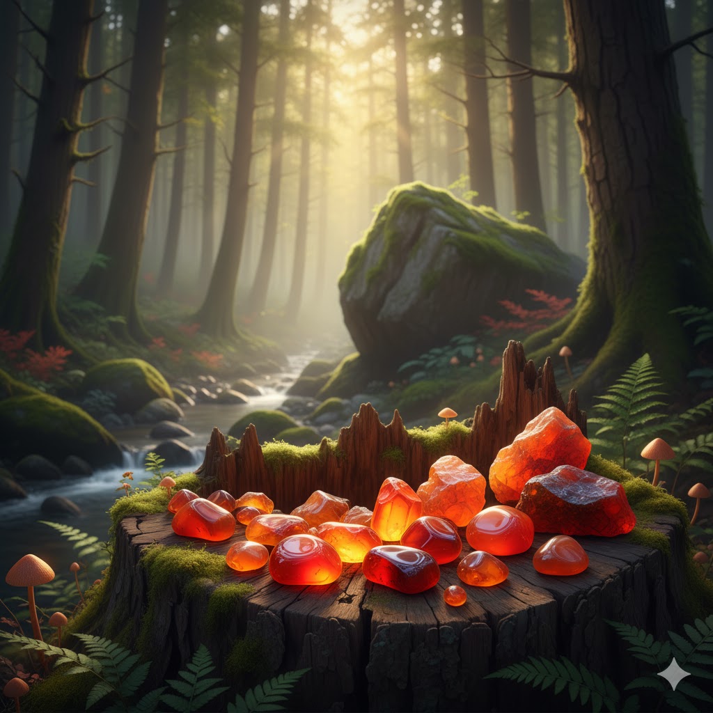 夕日の渓谷を背景に、流木の上に置かれたカーネリアンのタンブルと原石。スピリチュアルなエネルギーを象徴する、温かく輝くパワーストーン。