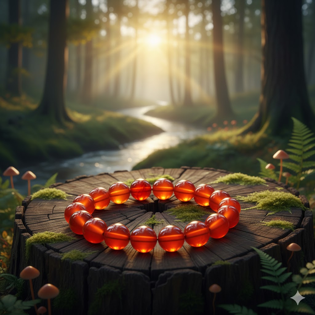 夕日の渓谷を背景に、流木の上に置かれたカーネリアンのタンブルと原石。スピリチュアルなエネルギーを象徴する、温かく輝くパワーストーン。