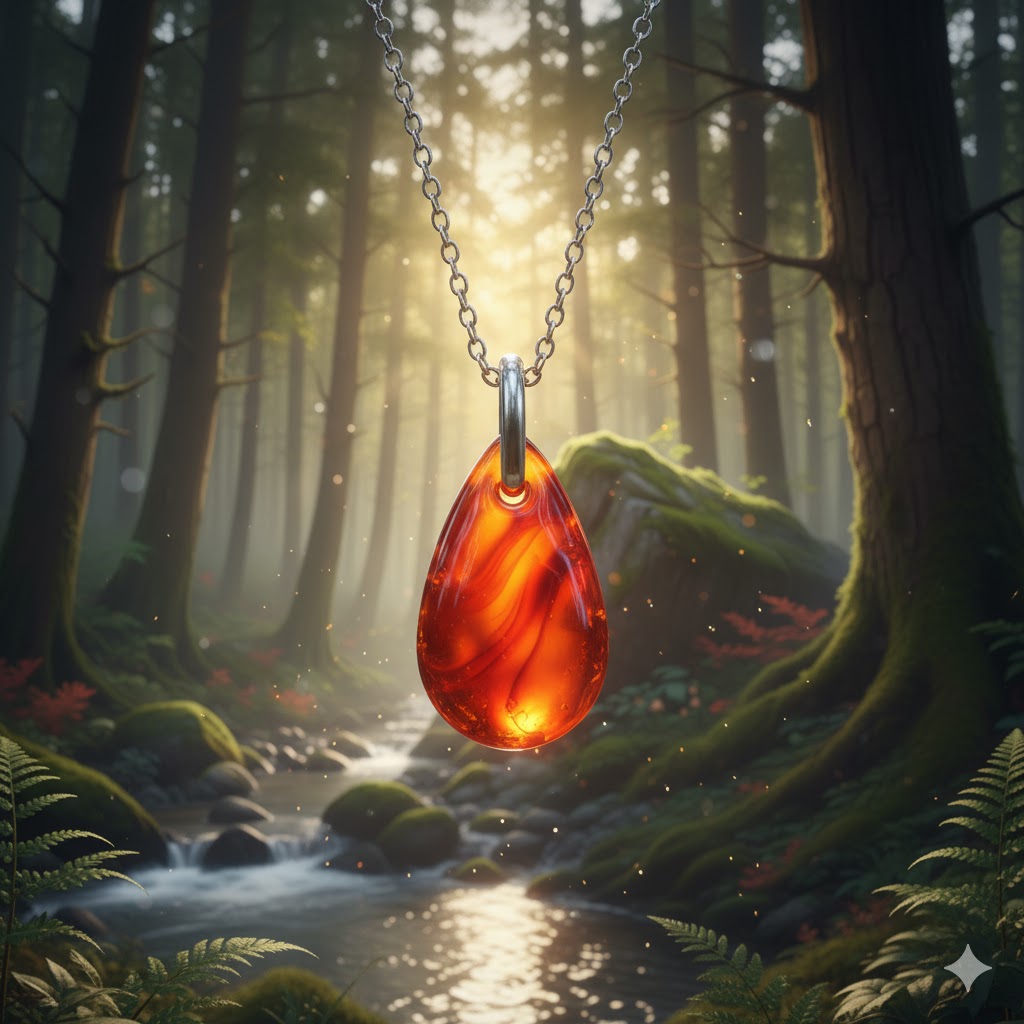 夕日の渓谷を背景に、流木の上に置かれたカーネリアンのタンブルと原石。スピリチュアルなエネルギーを象徴する、温かく輝くパワーストーン。