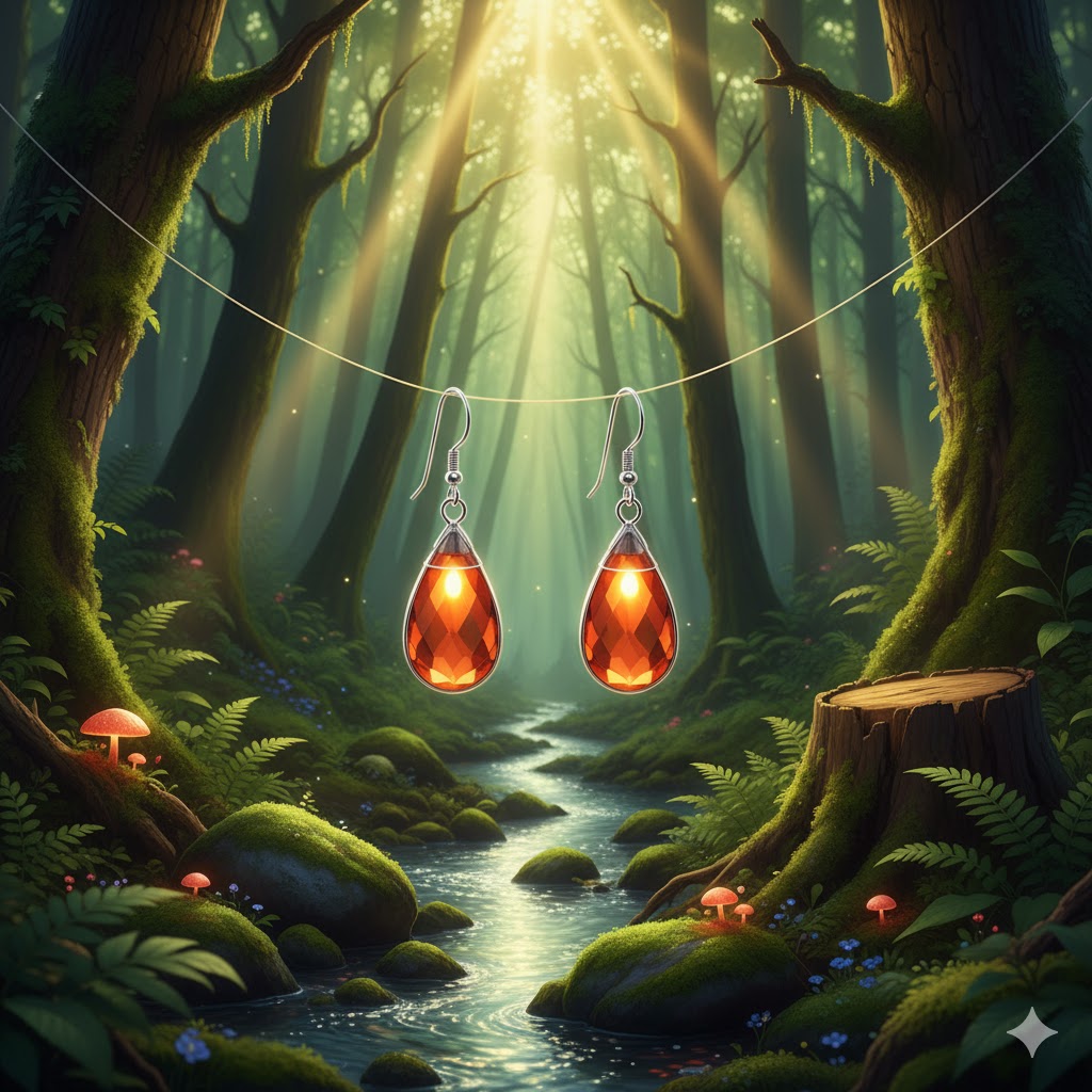 夕日の渓谷を背景に、流木の上に置かれたカーネリアンのタンブルと原石。スピリチュアルなエネルギーを象徴する、温かく輝くパワーストーン。