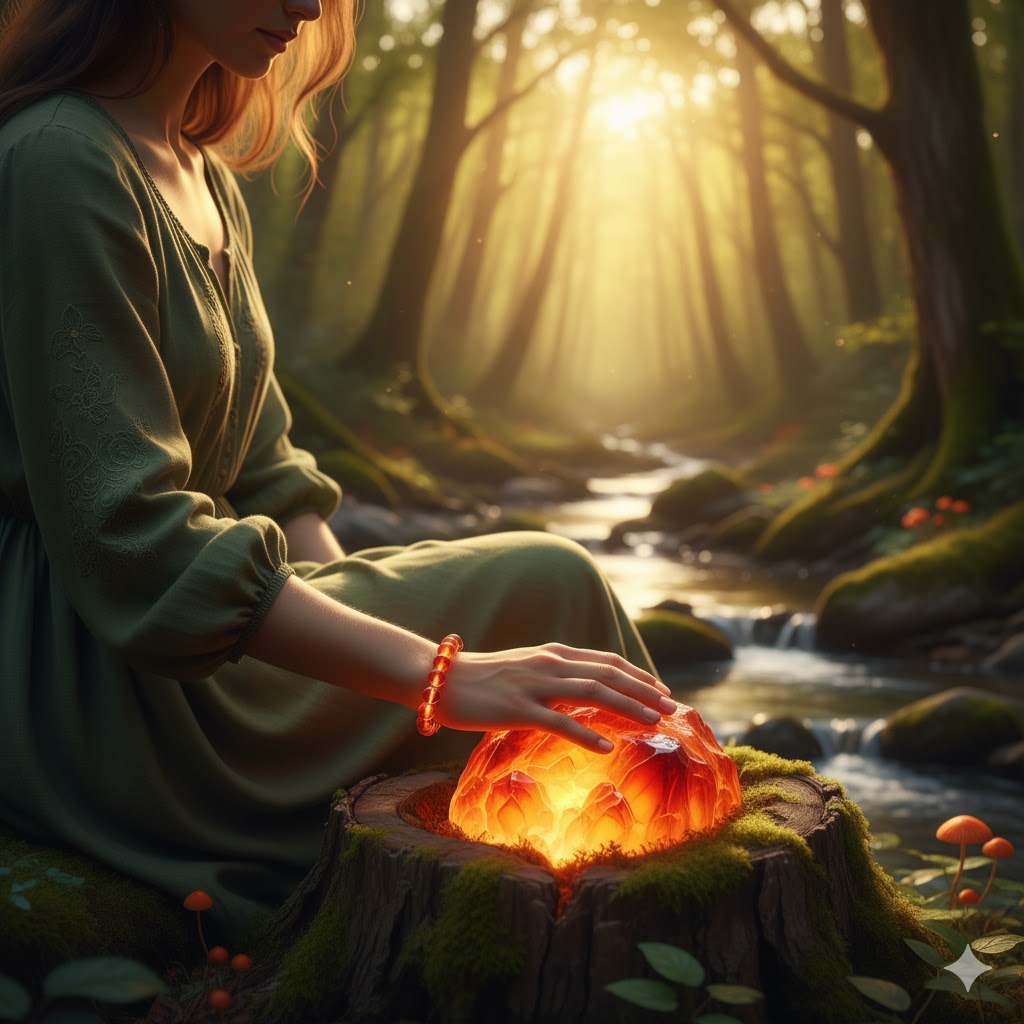 オレンジ色に輝くカーネリアンのブレスレットを左手首につけた女性。仕事運や恋愛運向上の効果やお守りとしてのスピリチュアルな魅力を表現。