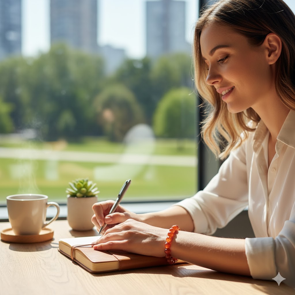 カーネリアンのブレスレットを日常で身につける女性。スピリチュアルなお守りとして、活力や成功の効果を期待する姿。
