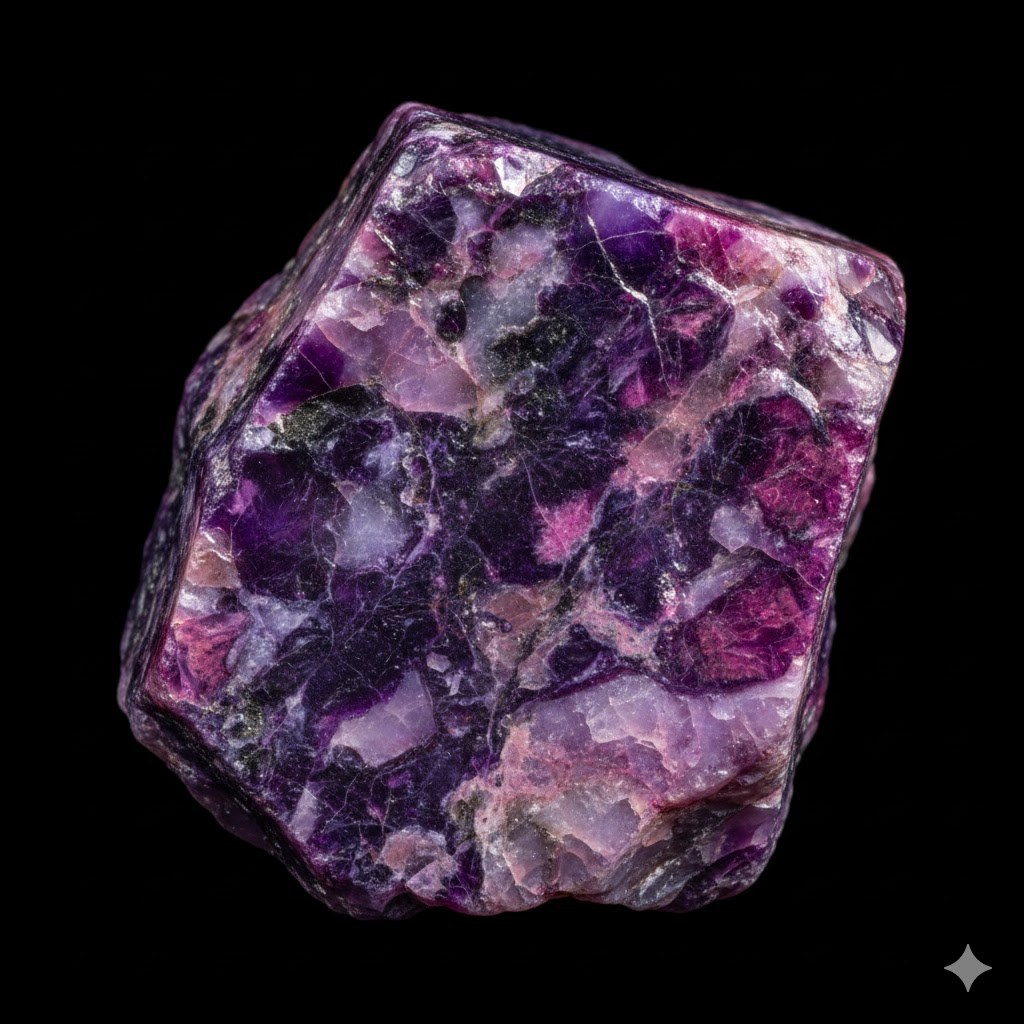 紫から赤紫色が特徴のスギライトの原石。黒や白が混ざった模様を持つ天然石。