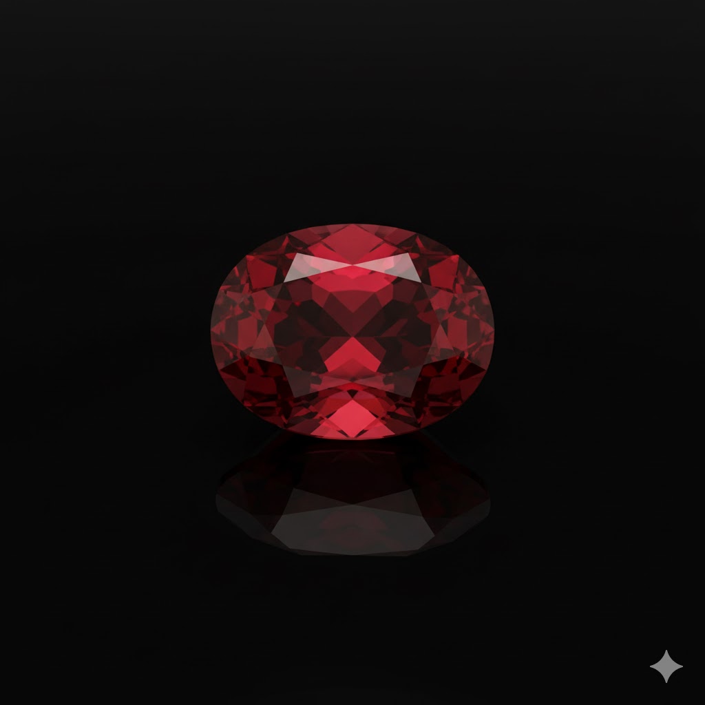 鮮やかな赤色のオーバルカットルビーの宝石。光を美しく反射する深い輝き。