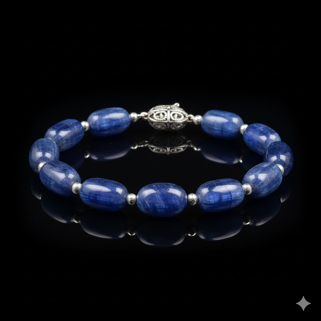 青いカイヤナイトビーズとシルバーパーツで構成された美しいブレスレット。