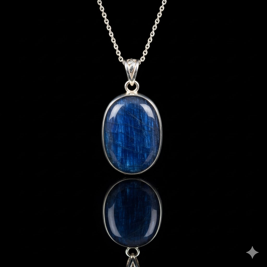 青いカイヤナイトのルースストーンを使用したペンダントトップ。シルバーまたはゴールドの枠。