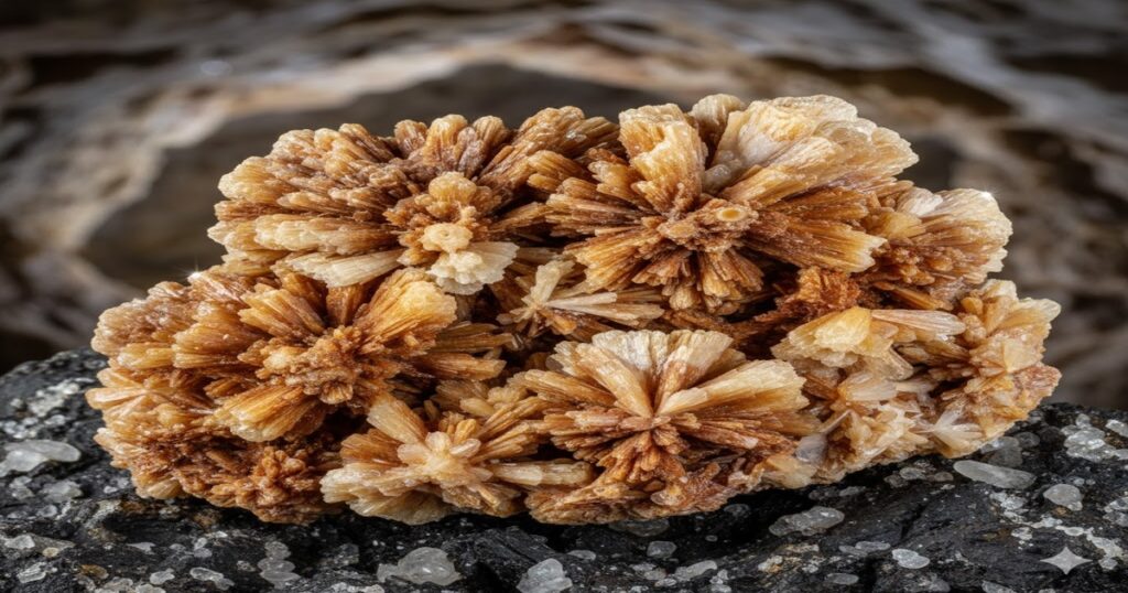 茶色と白のアラゴナイトの美しいクラスター。黒い岩の上にあり、背景は洞窟のような質感。天然石、鉱物。