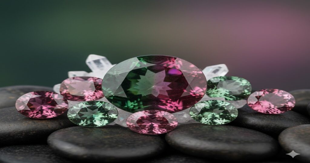 美しくカットされたアレキサンドライトの宝石、昼光と白熱灯での変色効果を示す画像。