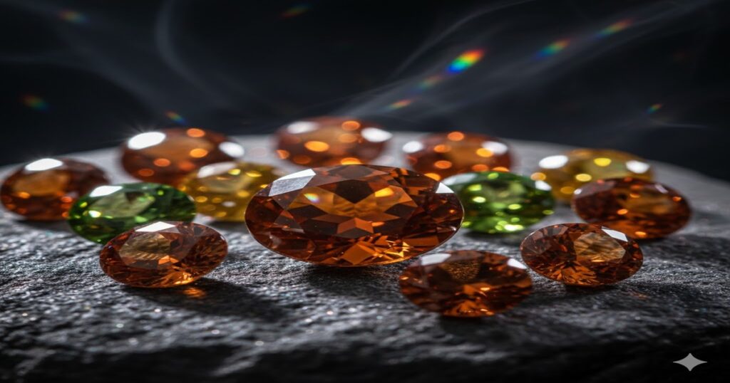 黒い岩の上に置かれたオレンジや緑色のカットされたスファレライト。ダイヤモンドのように強く輝き、虹色の光を放つパワーストーン。