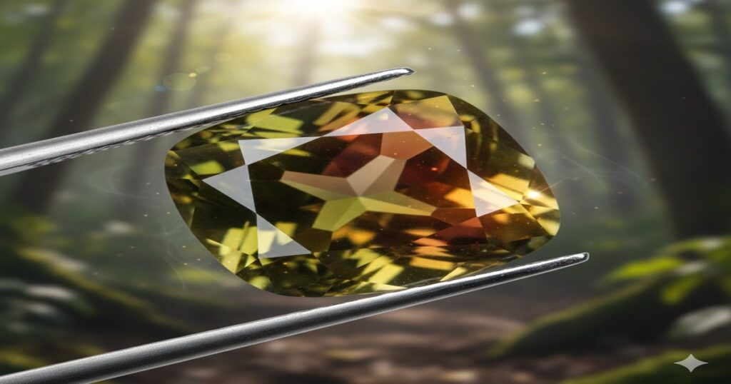神秘的な森で輝くアンダリュサイトのスピリチュアルなイメージ。多色性により緑、茶色、金色に変化する宝石をピンセットで掴んでいる。