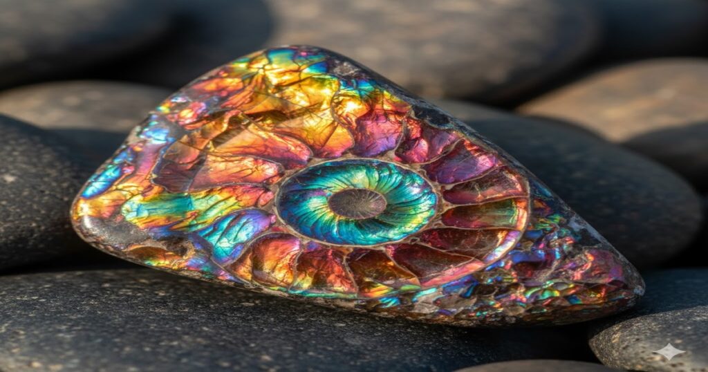 本物のアンモライトが放つ虹色の輝きを捉えた写真。構造色による鮮やかな赤、緑、青の色彩が特徴で、偽物との違いがわかる美しい宝石化石。