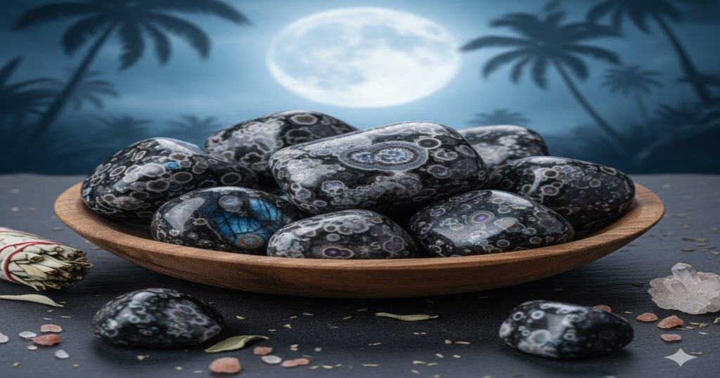 月夜の海岸に置かれたパワーストーン、ミスティックメルリナイトの画像。斑点模様と青い輝きが神秘的でスピリチュアルな効果を象徴。