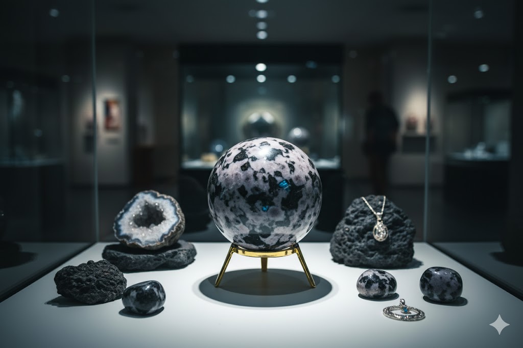 博物館で展示されているミスティックメルリナイトの球体。白い斑点模様が特徴的なパワーストーンの展示画像。
