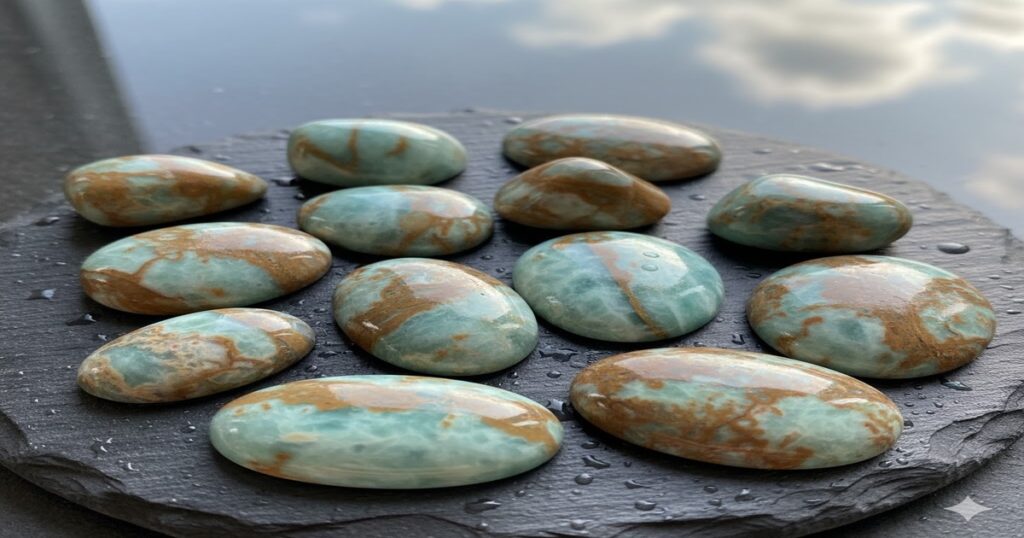 「モネの絵画」と称されるインプレッションストーン。水色と茶色の美しい模様が特徴のパワーストーンをスレートの上に並べた様子。