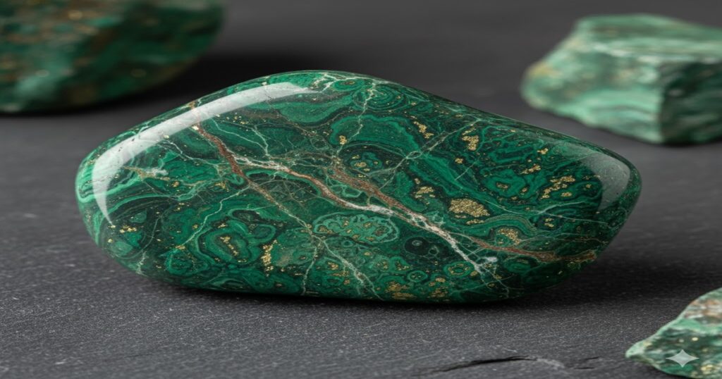 緑色のヴァーダイトのタンブルストーンが暗い背景に置かれ、金色や褐色の複雑な模様が特徴的なパワーストーン。自然光で輝き、ヒーリングとデトックスを象徴する美しい石。