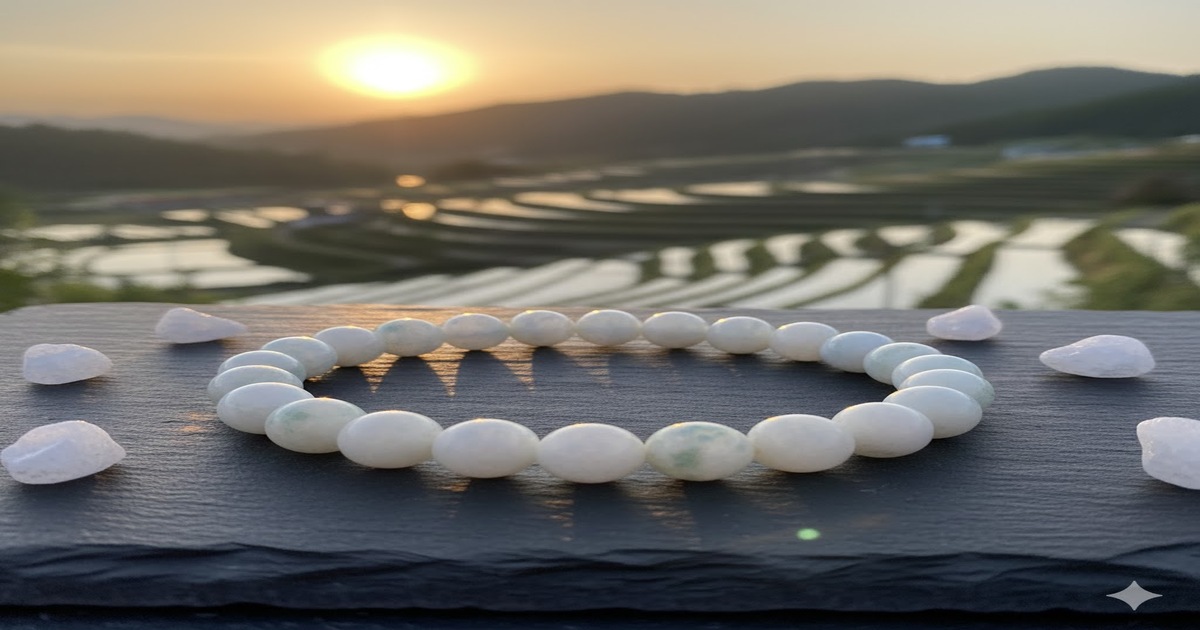 夕日に照らされた産地を背景に、黒いスレートに置かれた白いカオリナイトの原石。3つの滑らかなカオリン粘土鉱物。